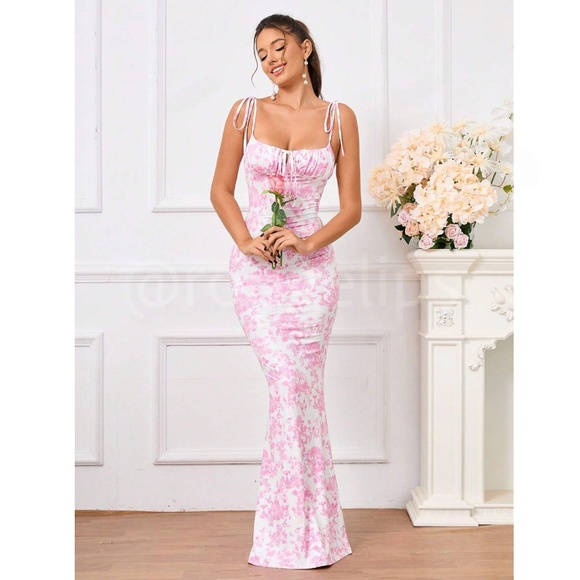 Floral Print Pink on White Long Dress Sheath, Drawstring Ties Maxi Stretchy - Picture 3 of 15
